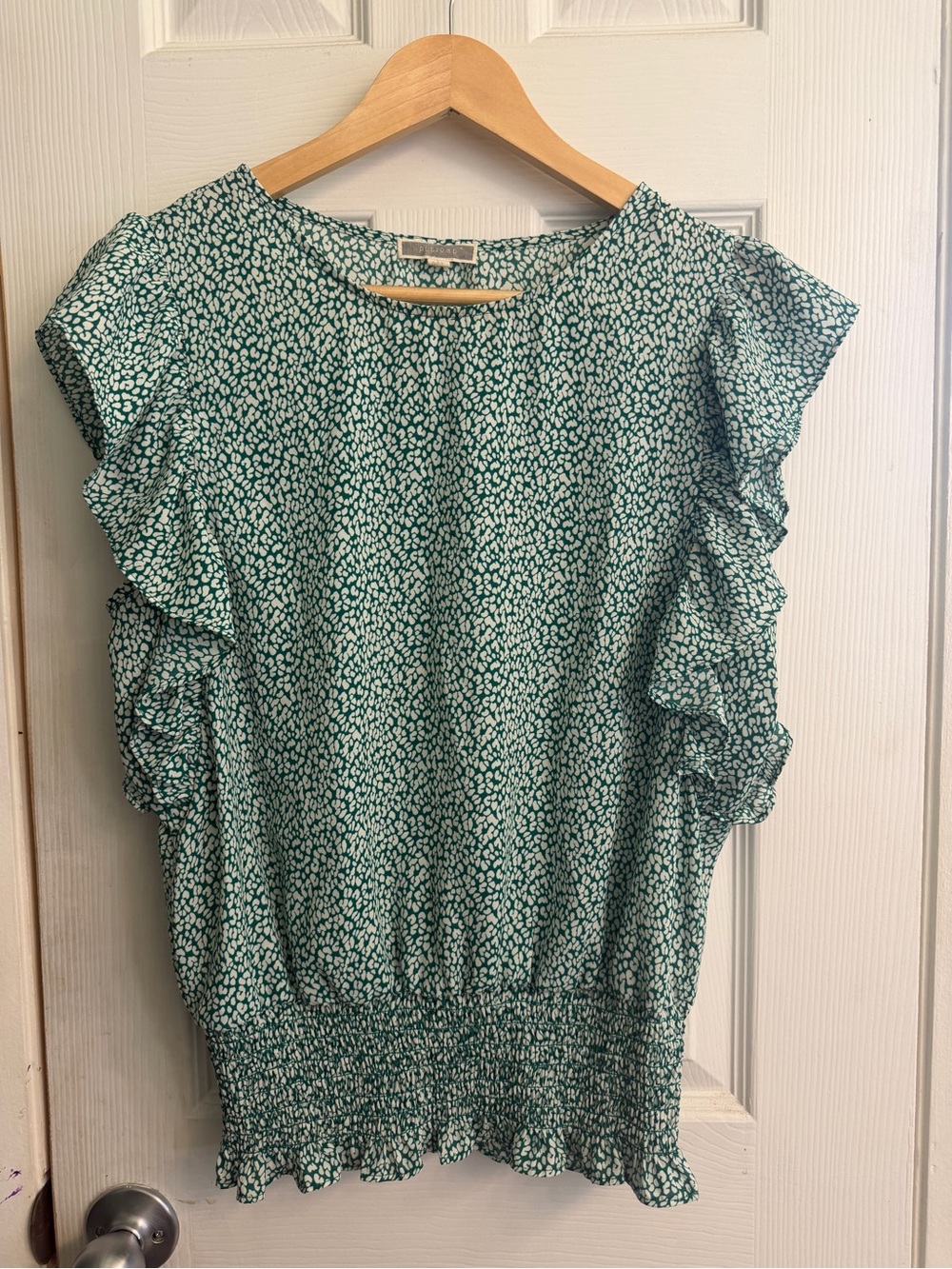 Primp Teal and White Ruffle Sleeve Smocked-Hem Blouse
